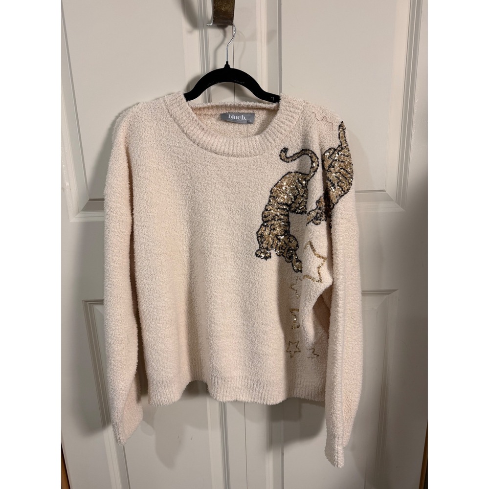 blue b. Collection Sequin Tiger Fuzzy Knit Sweater and Shorts Set Cream Large
